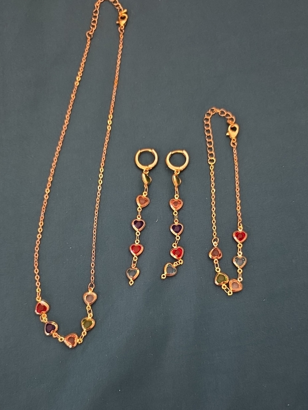 Gold-Tone Multicolor Heart Pendant Necklace, Earrings & Bracelet Set